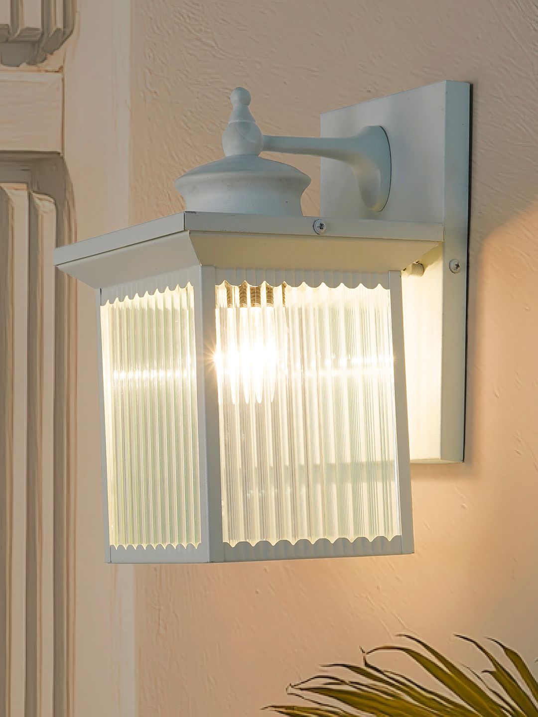 Mini Transitional Outdoor Wall Sconce | White Cuboid Frame with Fluted Glass