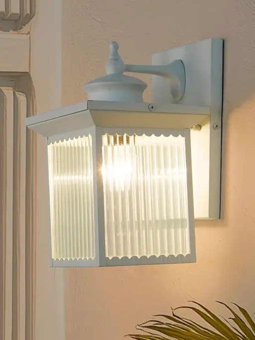 Mini Transitional Outdoor Wall Sconce | White Cuboid Frame with Fluted Glass