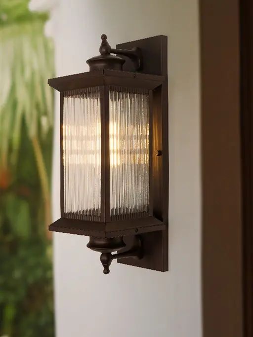 23-Inch Transitional Outdoor Wall Lantern | Dark Brown Finish with Fluted Glass