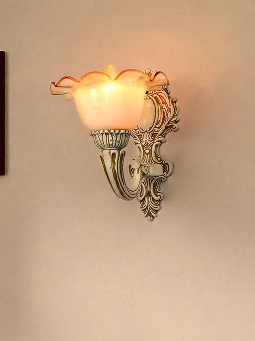 Rustic Distressed White 1-Light Aluminium Wall Lamp With Floral Glass Shades