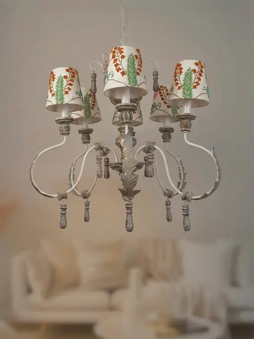 Parisian Distressed Grey 6 Light Wooden Chandelier with Dainty Embroidered Shades