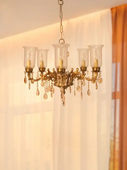 Transitional 5-Lights Cast Brass Chandelier With Floral Etched Glass Shades