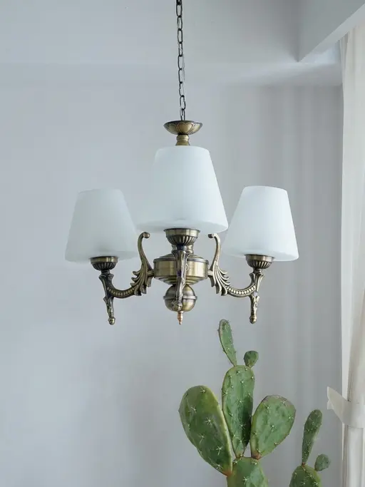 Antique Brass 17 Inch Wide Steel 3-Light Mini Ceiling Chandelier Hanging Light With Tapered Frosted Glass Shades