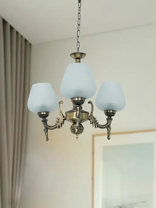 Antique Brass 16 Inch Wide Steel 3-Light Mini Ceiling Chandelier Hanging Light With Plain Frosted Goblet Glass Shades