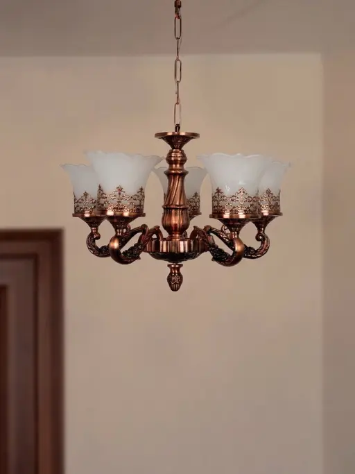 Antique Copper Finish Classic 5-Lights Aluminium Chandelier Ceiling Hanging With Adorned Translucent Glass Shades