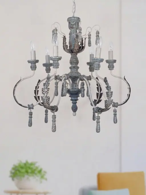Provincial Style Distressed Grey Wood and Wrought Iron 6 Light Chandelier