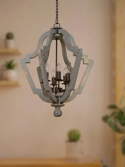 Distressed Grey 6 Light Wooden Farmhouse Lantern Pendant Chandelier