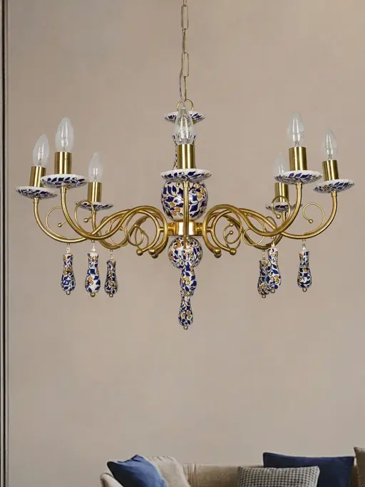 Blue Pottery Elegance: Handcrafted Floral 8 Light Candelabra Chandelier