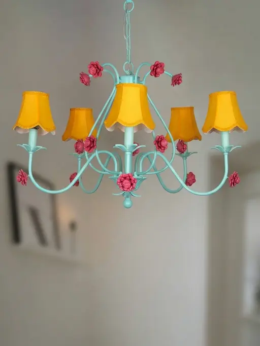 Green Transitional Beach House Large 36 Inch Wide 5-Light Steel Ceiling Chandelier Hanging With Yellow Scallop Bell Fabric Shades