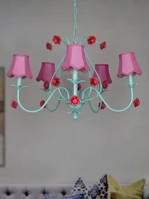 Green Transitional Beach House Large 36 Inch Wide 5-Light Steel Ceiling Chandelier Hanging With Pink Scallop Bell Fabric Shades