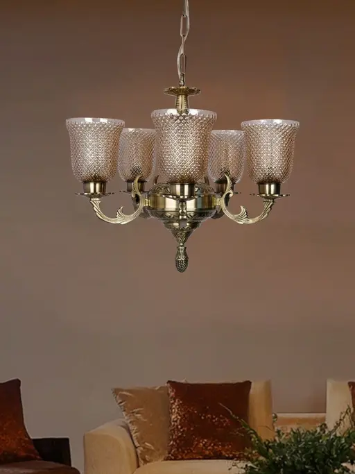 Antique Brass 5-Light Chandelier with Textured Luster Glass Shades