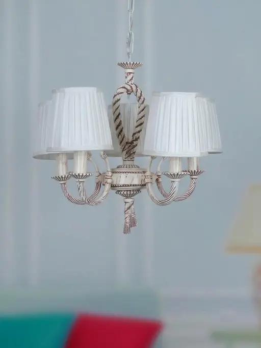 Knotted Cast Aluminium Distressed Creme Antique 5-Light Candelabra with Pleated Fabric Shades