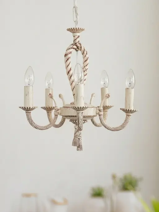 Knotted Cast Aluminium Distressed Creme Antique 5-Light Candelabra Ceiling Hanging