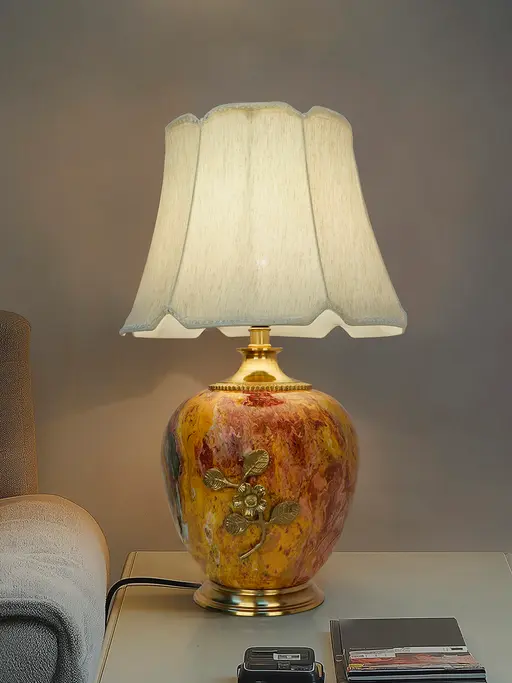 Majestic Magma Red Stone Pot Metal Table Lamp with Fancy Scallop Shade